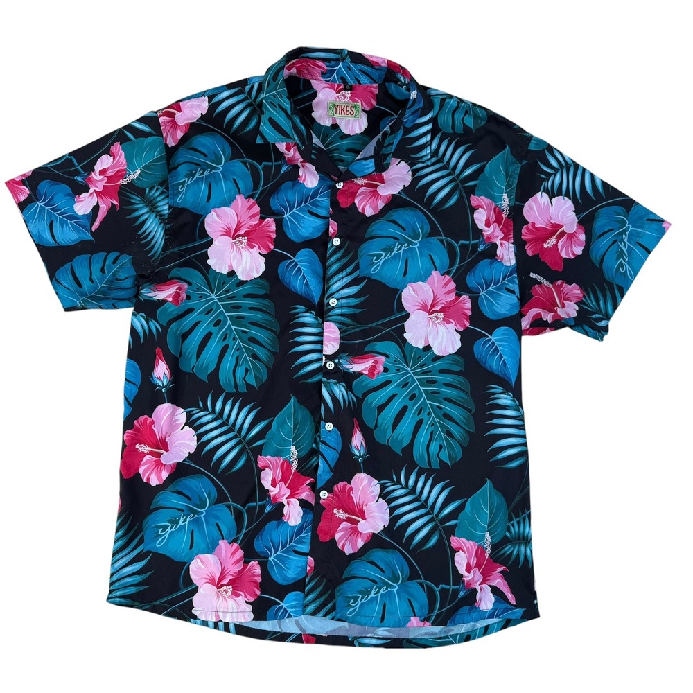 Tropical Hawaiian Shirt Polyester Hibiscus Floral XL Yikes